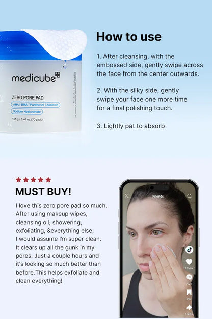 MEDICUBE - Zero Pore Pad 2.0 - Disques exfoliants anti-pores