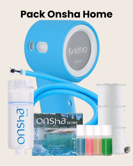 Pack Onsha Home : Ensemble de Douche Spa avec  4 Filtres + 4 Recharges Parfumées Thermales +  1 Coque de diffusion